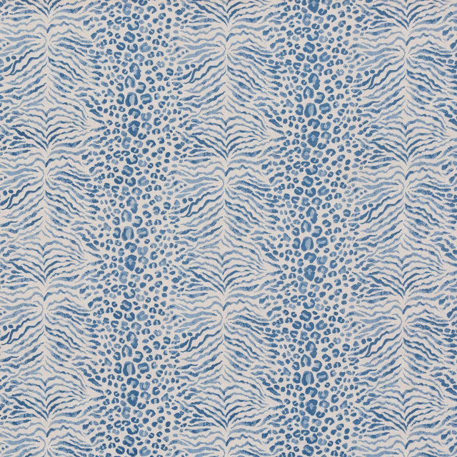 Muted blue and ivory linen with wavy stripes and irregular spotted bands