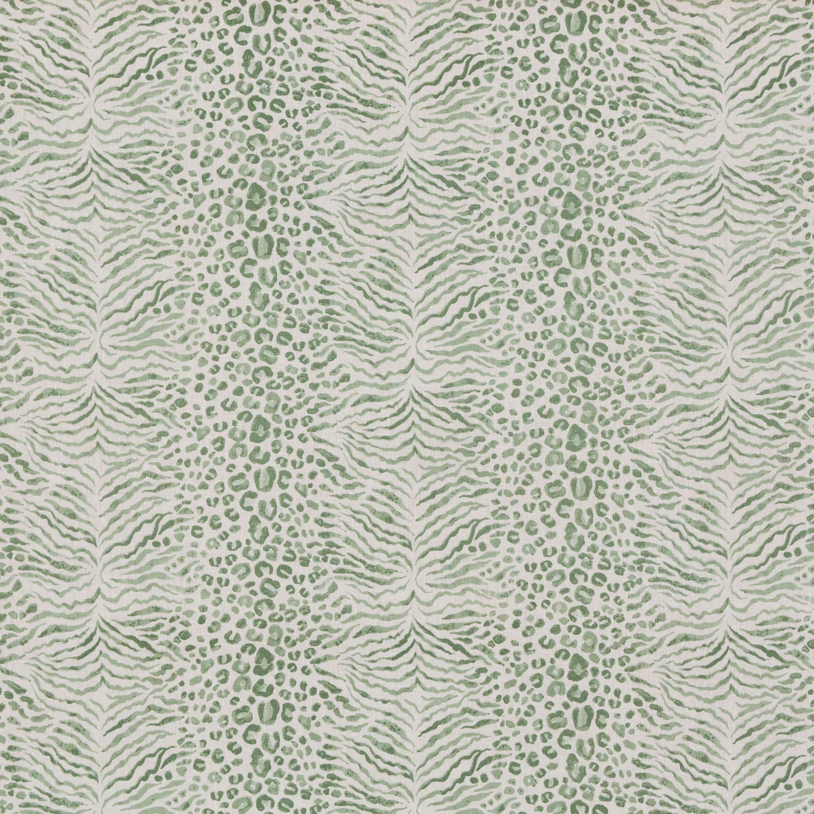 Muted sage-green animal stripes and spots on a pale linen ground