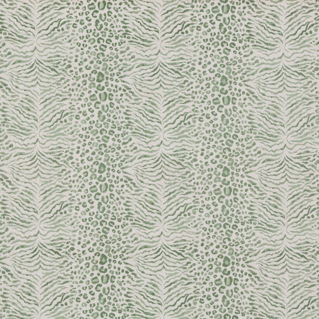 Muted sage-green animal stripes and spots on a pale linen ground