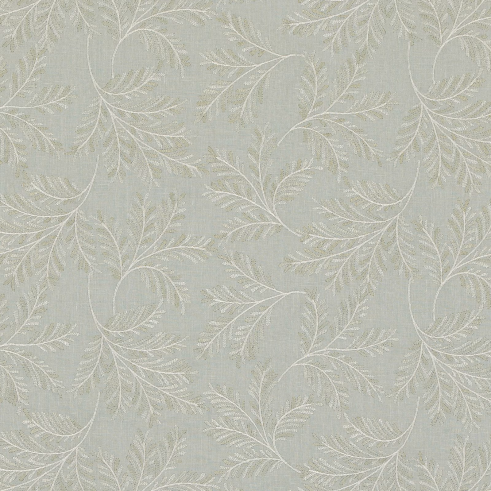 Pale aqua fabric with ivory sweeping foliage and a softly textured ground
