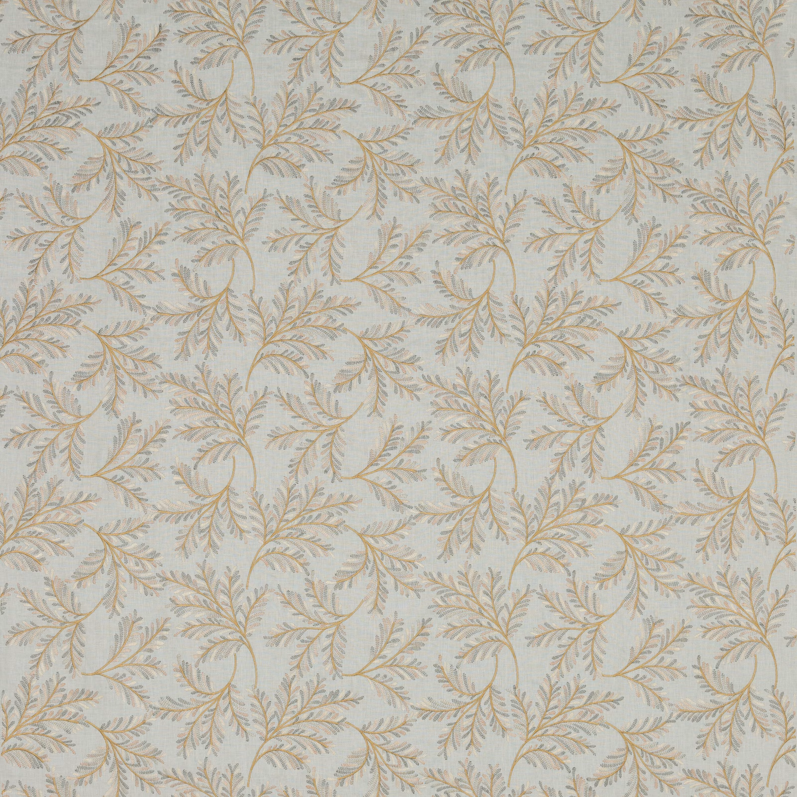 Pale aqua linen-blend fabric with bronze curling botanical sprigs