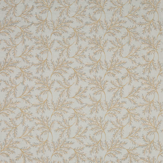 Pale aqua linen-blend fabric with bronze curling botanical sprigs