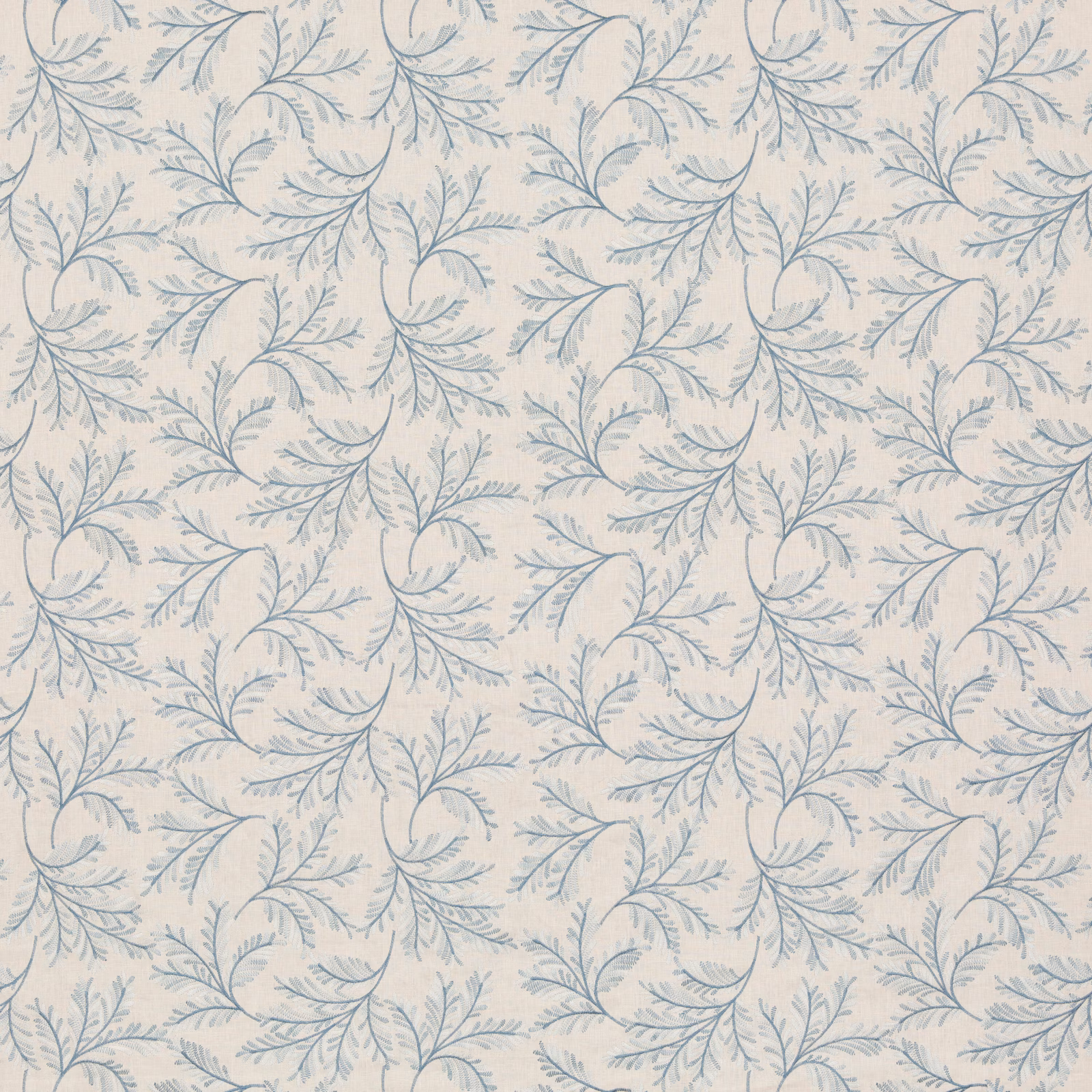 Ivory linen-blend ground with cool blue curling botanical sprigs