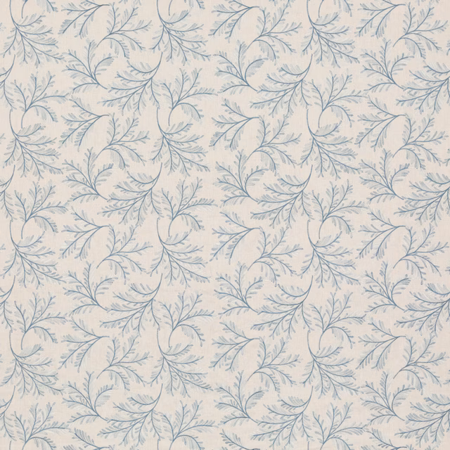 Ivory linen-blend ground with cool blue curling botanical sprigs