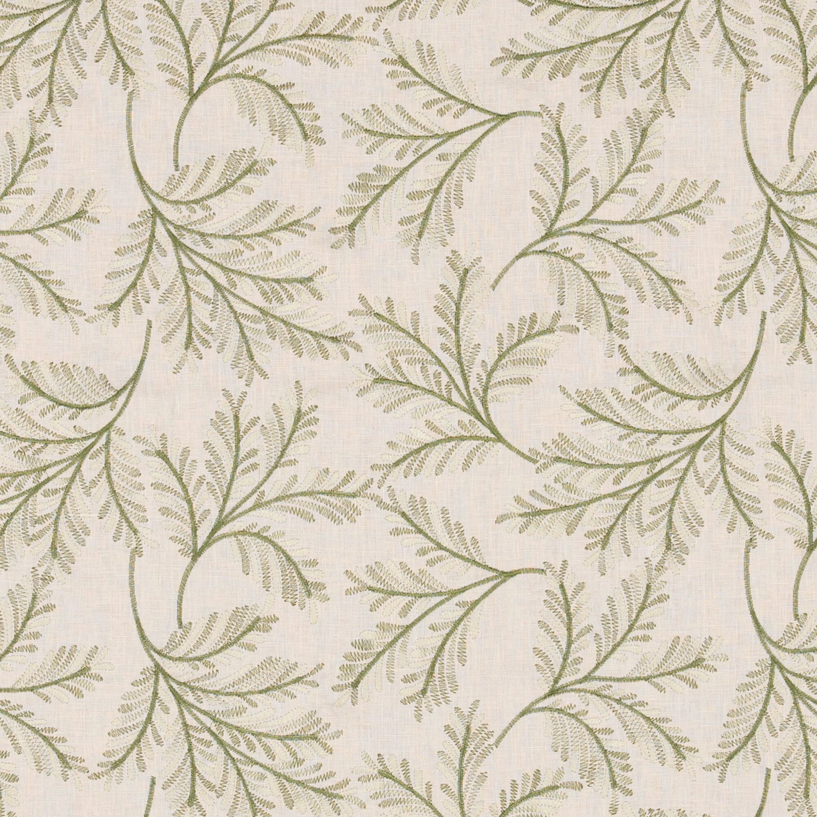 Muted fern-green leafy branches on an ivory linen-blend woven fabric