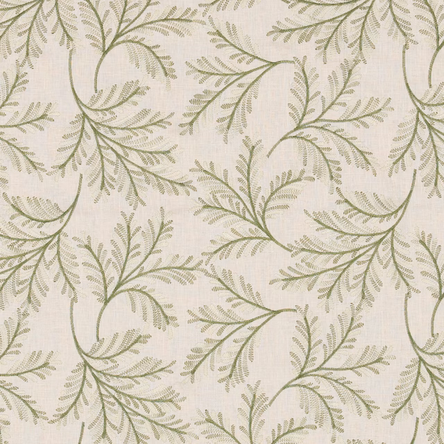 Muted fern-green leafy branches on an ivory linen-blend woven fabric