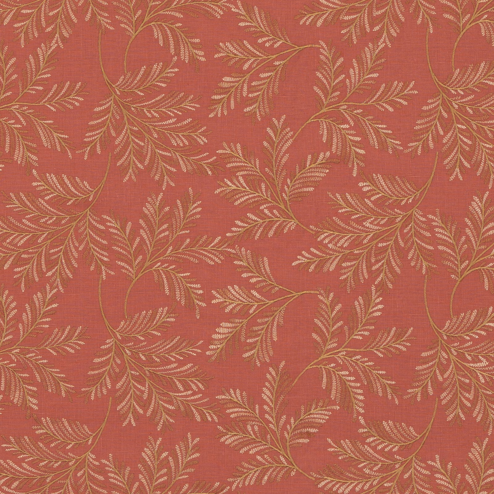 Muted coral-red linen ground with scrolling ivory fern sprays and fine woven texture