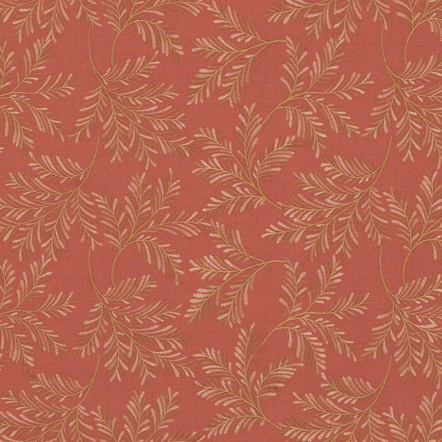 Muted coral-red linen ground with scrolling ivory fern sprays and fine woven texture
