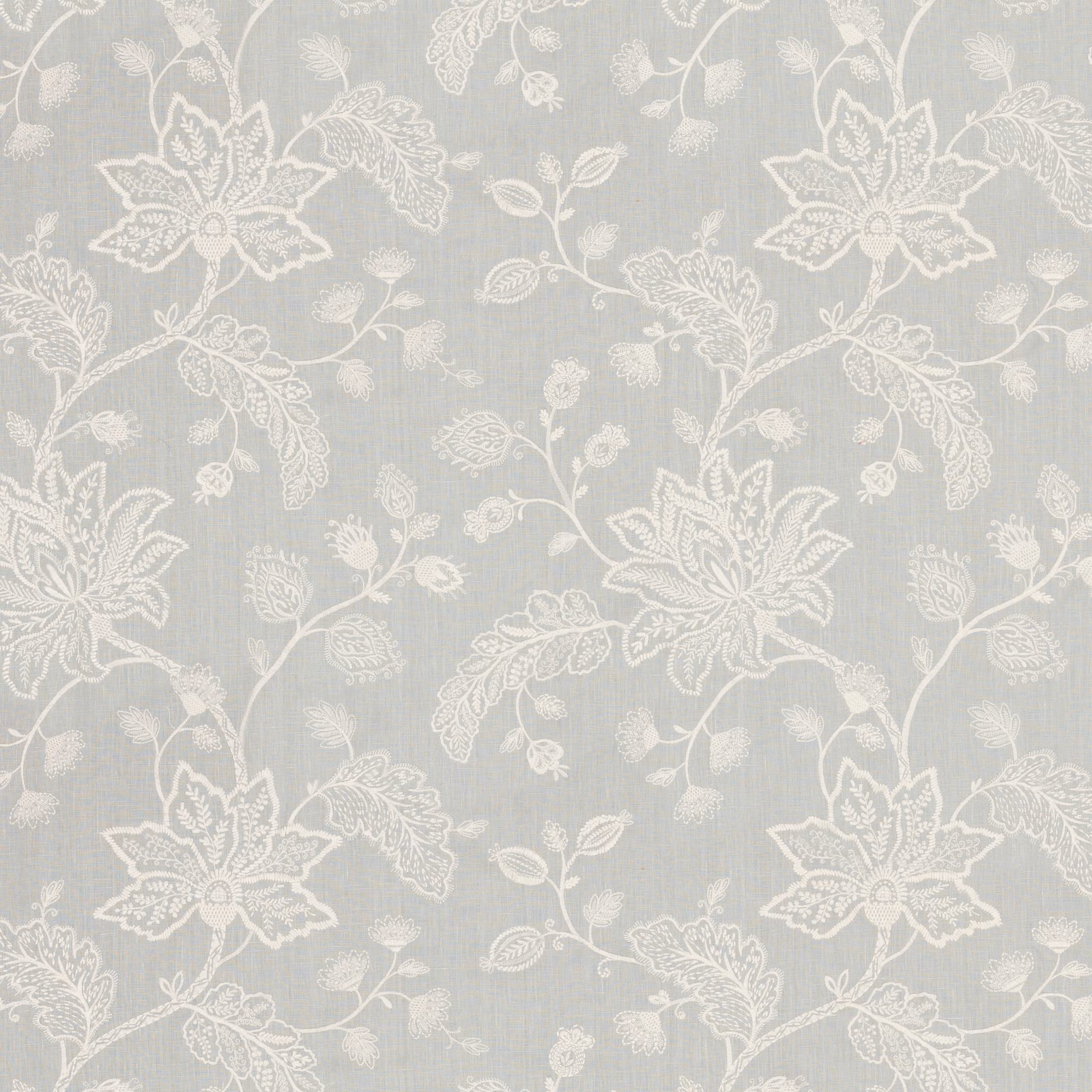 Pale aqua-grey linen with ivory floral sprays, leafy stems and fine vertical slubs