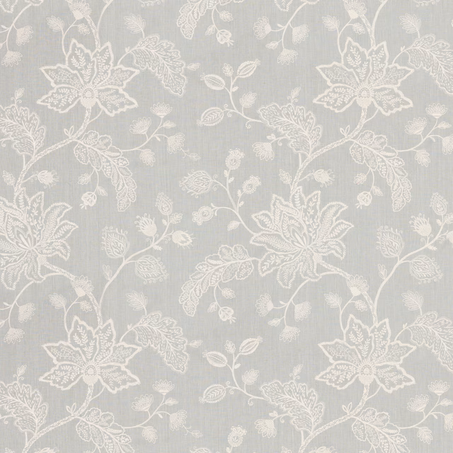 Pale aqua-grey linen with ivory floral sprays, leafy stems and fine vertical slubs