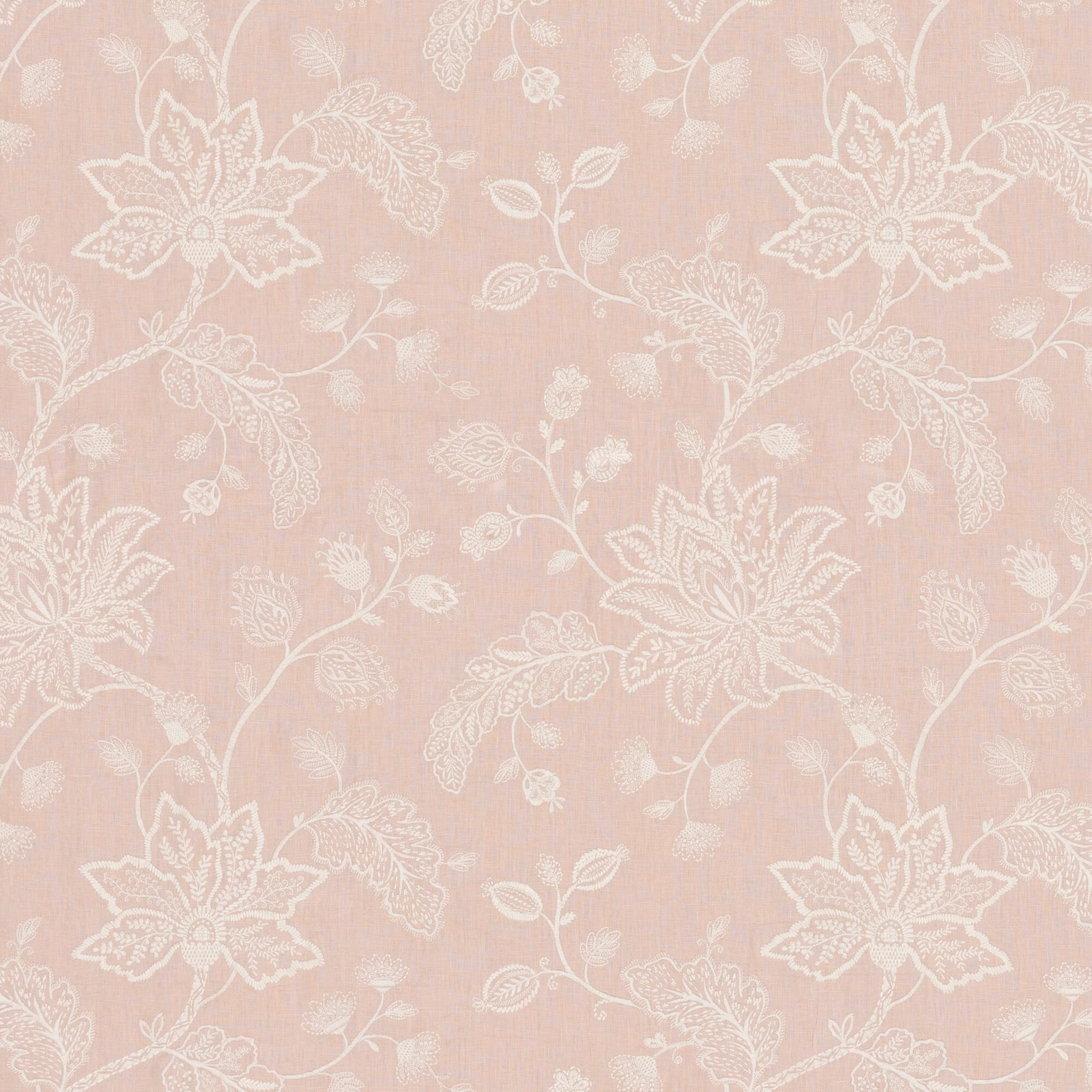 Blush pink linen with ivory outlined flowers, leaves and a subtle slub texture