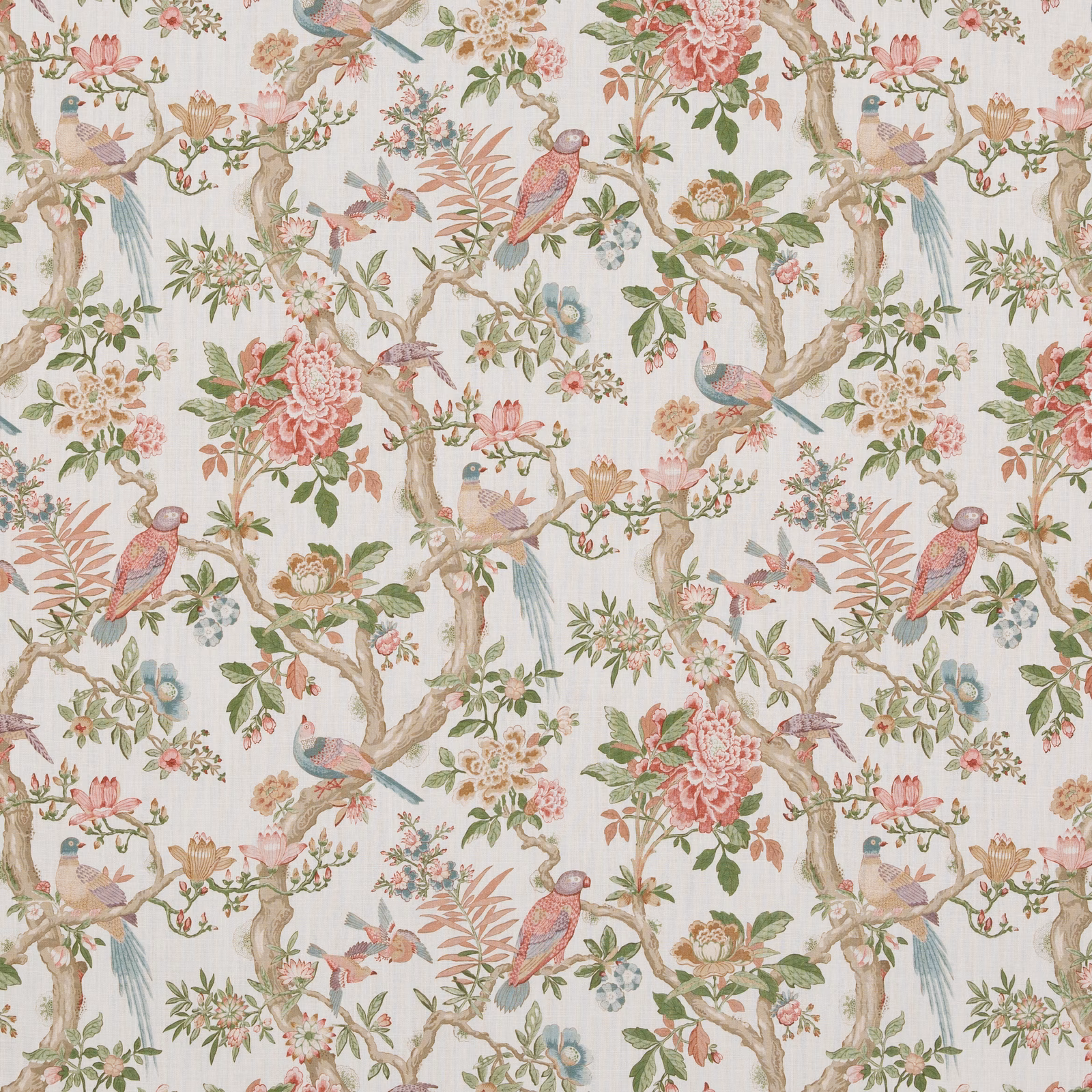 Muted chinoiserie linen with pink peonies, perched birds, sage foliage and cream ground