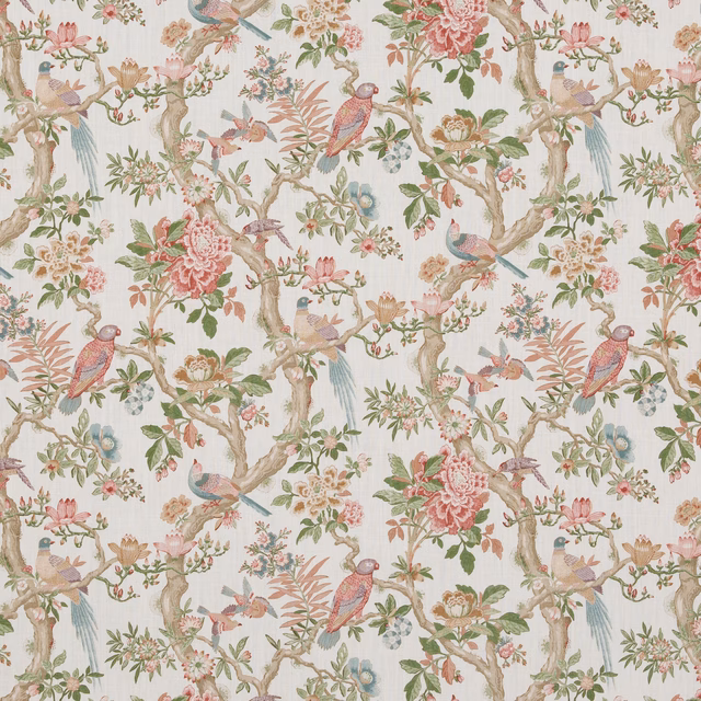Muted chinoiserie linen with pink peonies, perched birds, sage foliage and cream ground