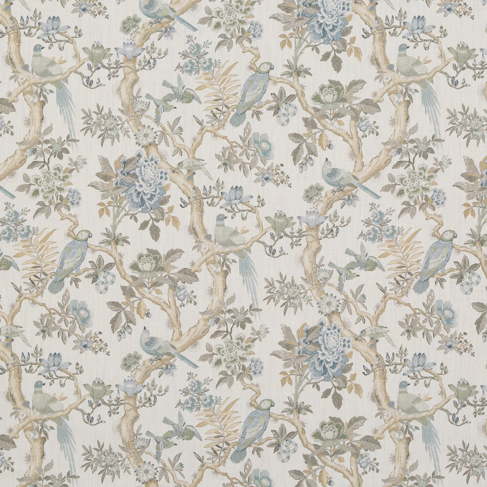 Pale aqua chinoiserie birds and flowering branches on an ivory linen ground