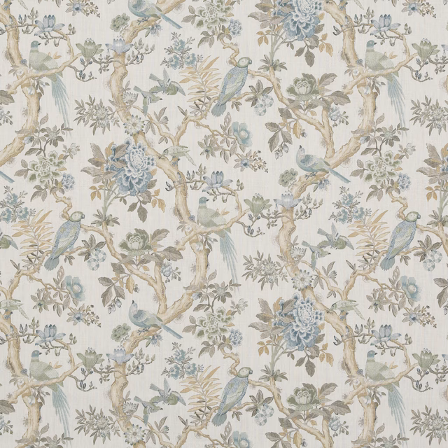Pale aqua chinoiserie birds and flowering branches on an ivory linen ground