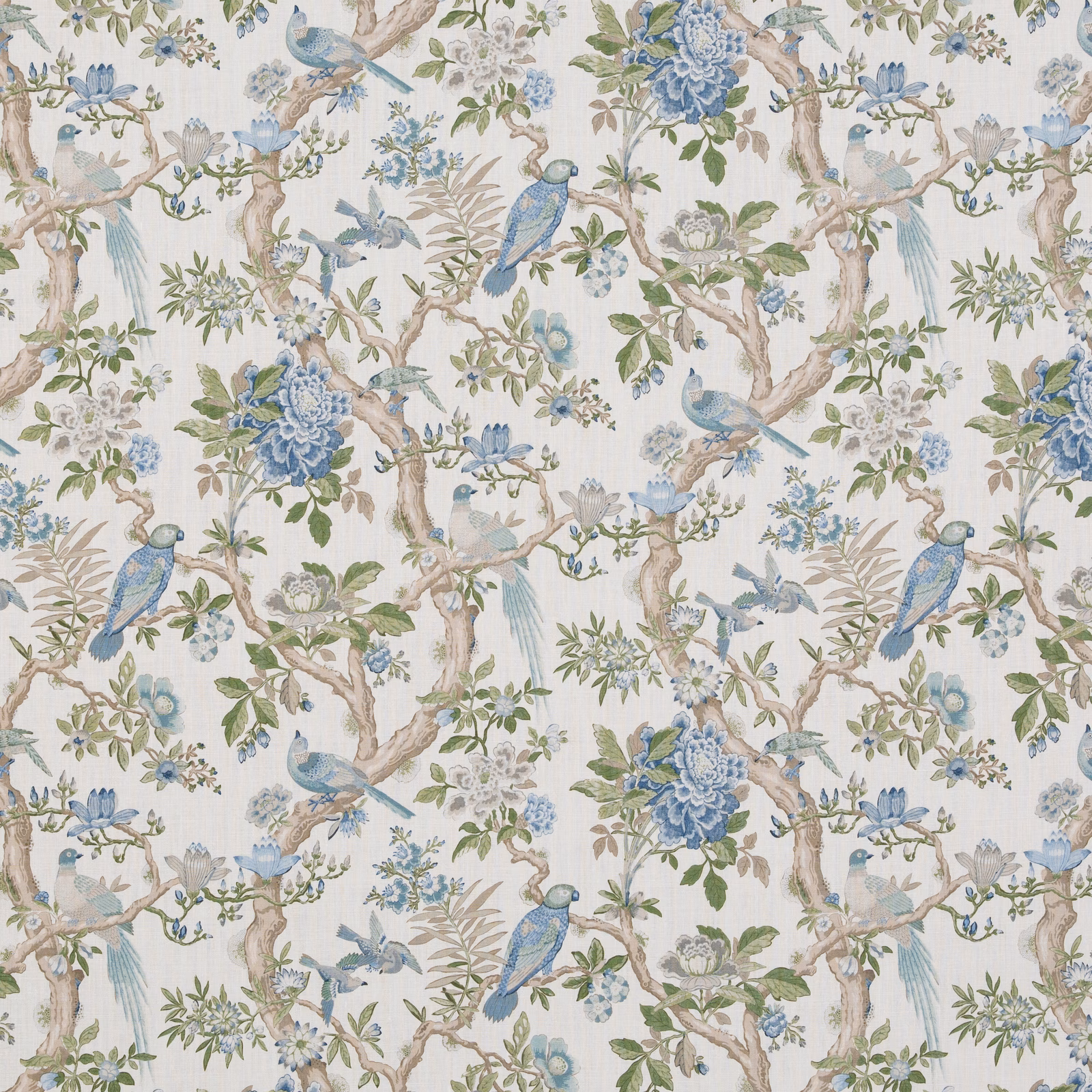 Cream linen ground with powder-blue birds, roses, branches and leafy botanical sprays