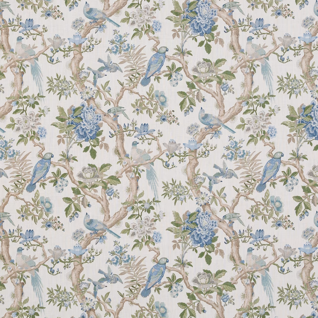 Cream linen ground with powder-blue birds, roses, branches and leafy botanical sprays