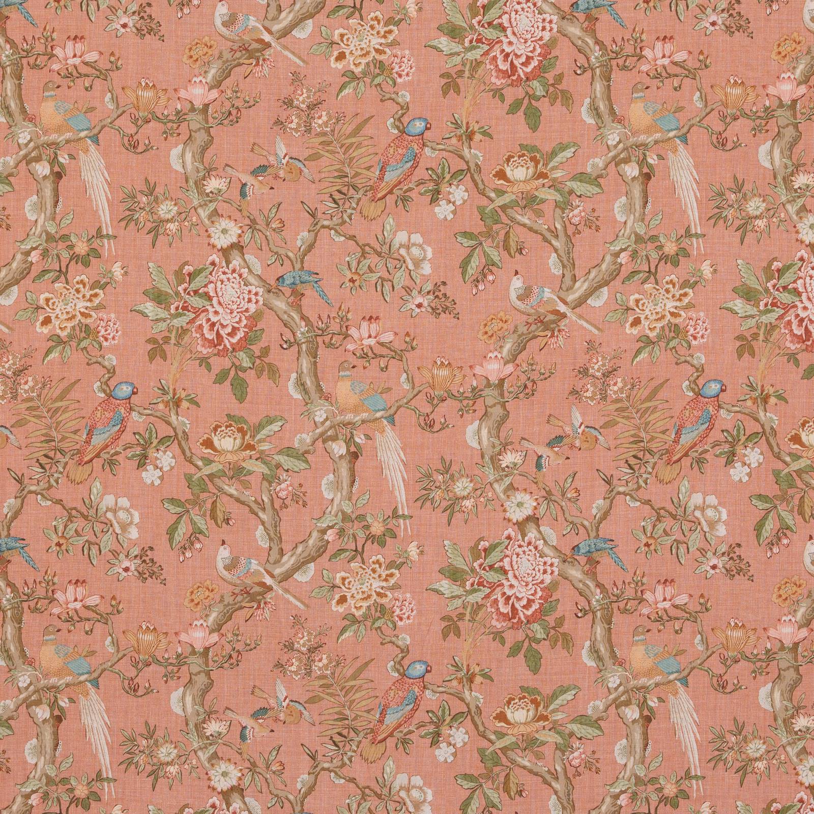 Dusty coral linen with flowering branches, perched birds and a softly textured ground
