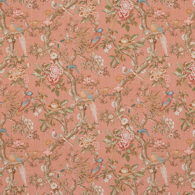 Dusty coral linen with flowering branches, perched birds and a softly textured ground