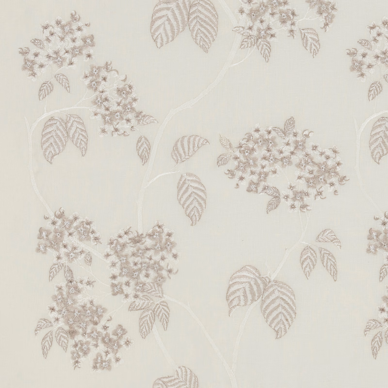 Ivory sheer ground with taupe hydrangea clusters and striped trailing leaves
