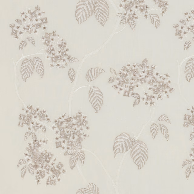Ivory sheer ground with taupe hydrangea clusters and striped trailing leaves