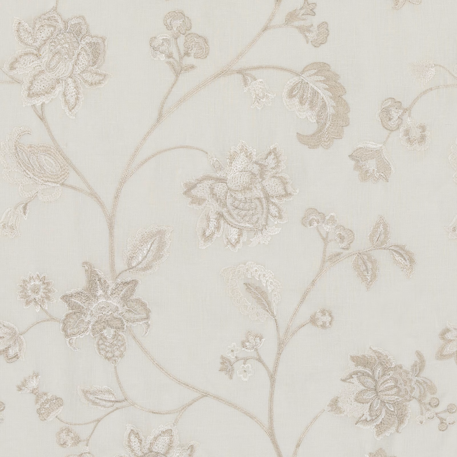 Translucent ivory sheer with pale taupe trailing floral vines and outlined blossoms