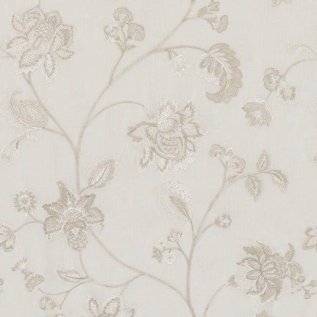 Translucent ivory sheer with pale taupe trailing floral vines and outlined blossoms