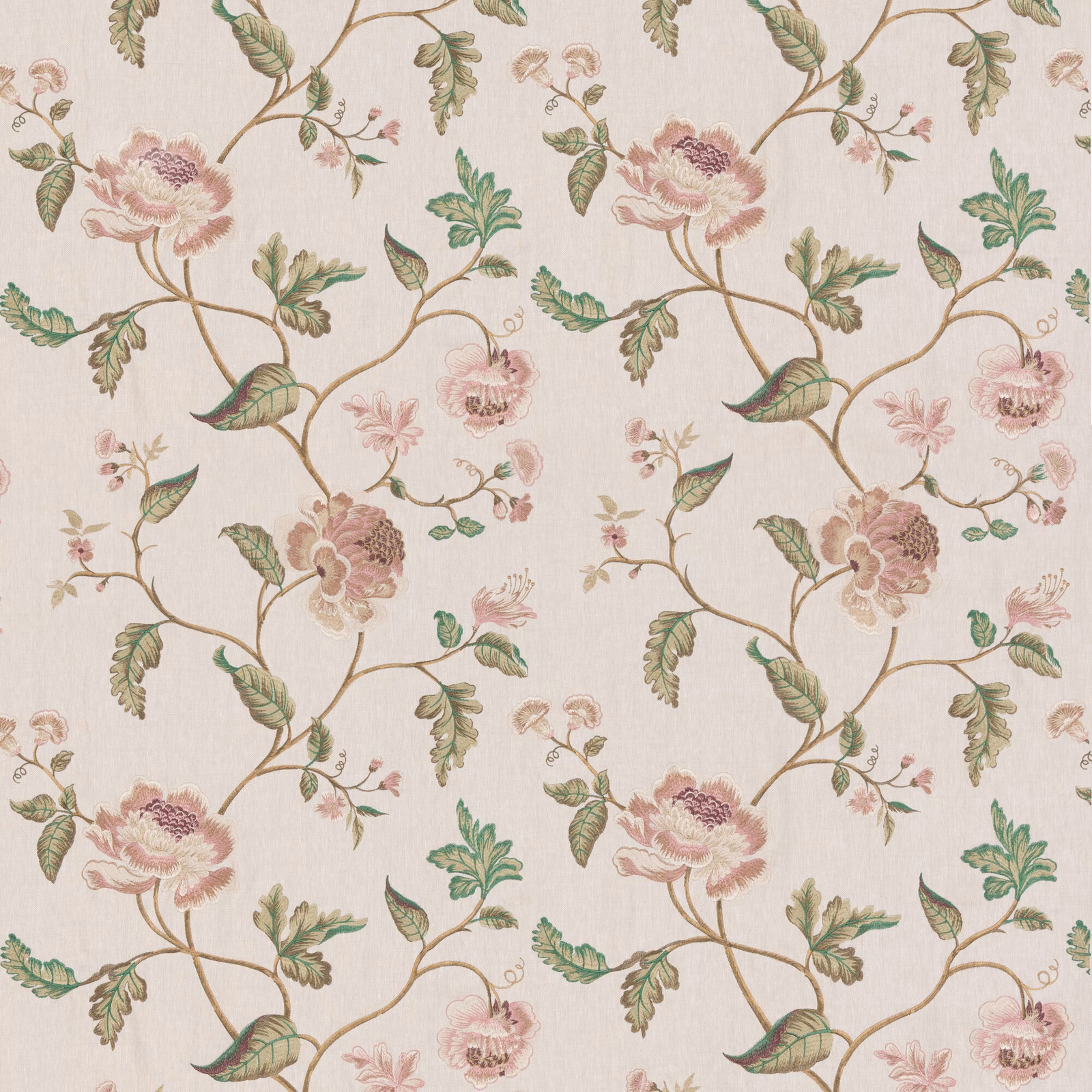 Warm ivory floral fabric with blush flowers, sage leaves and winding tan stems