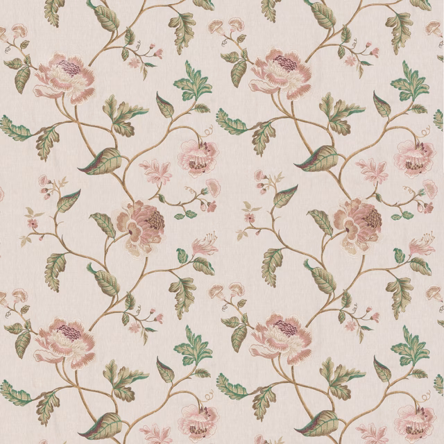 Warm ivory floral fabric with blush flowers, sage leaves and winding tan stems