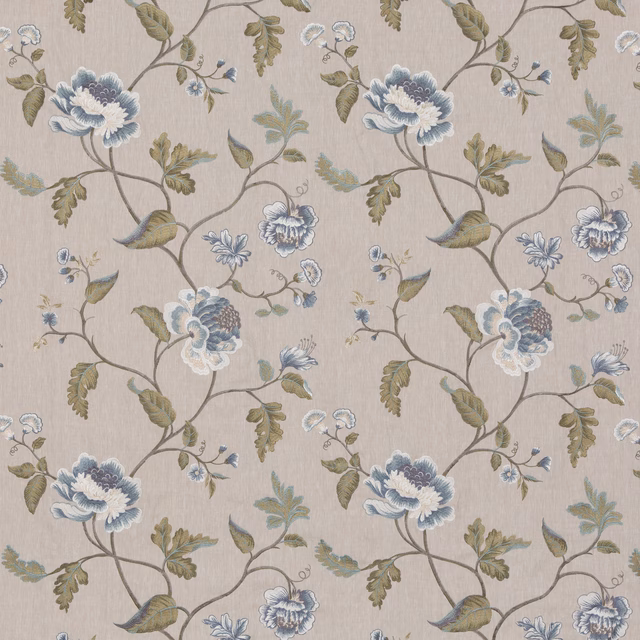 Muted blue and olive floral branches on a textured beige linen ground