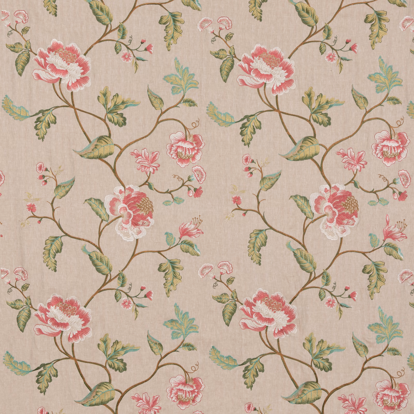 Muted taupe floral fabric with coral-pink blooms, sage leaves and winding brown stems