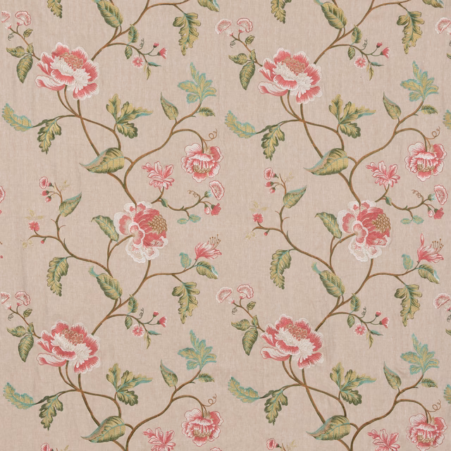 Muted taupe floral fabric with coral-pink blooms, sage leaves and winding brown stems