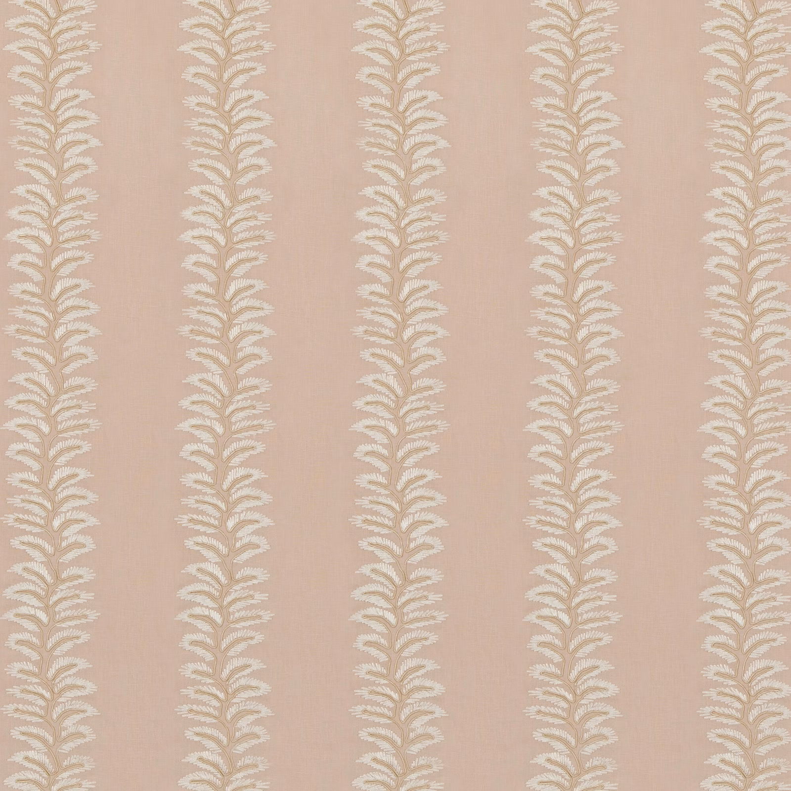 Dusty blush fabric with repeating cream leafy columns and a softly textured ground