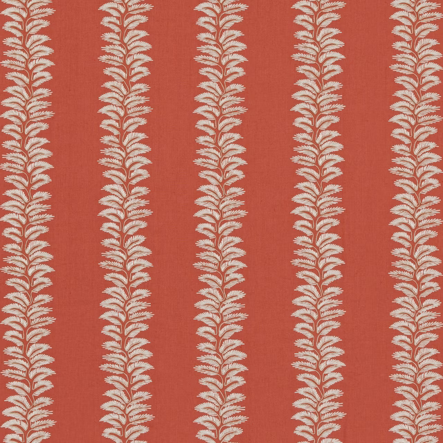 Warm coral fabric with repeating ivory leafy botanical columns and a fine woven texture