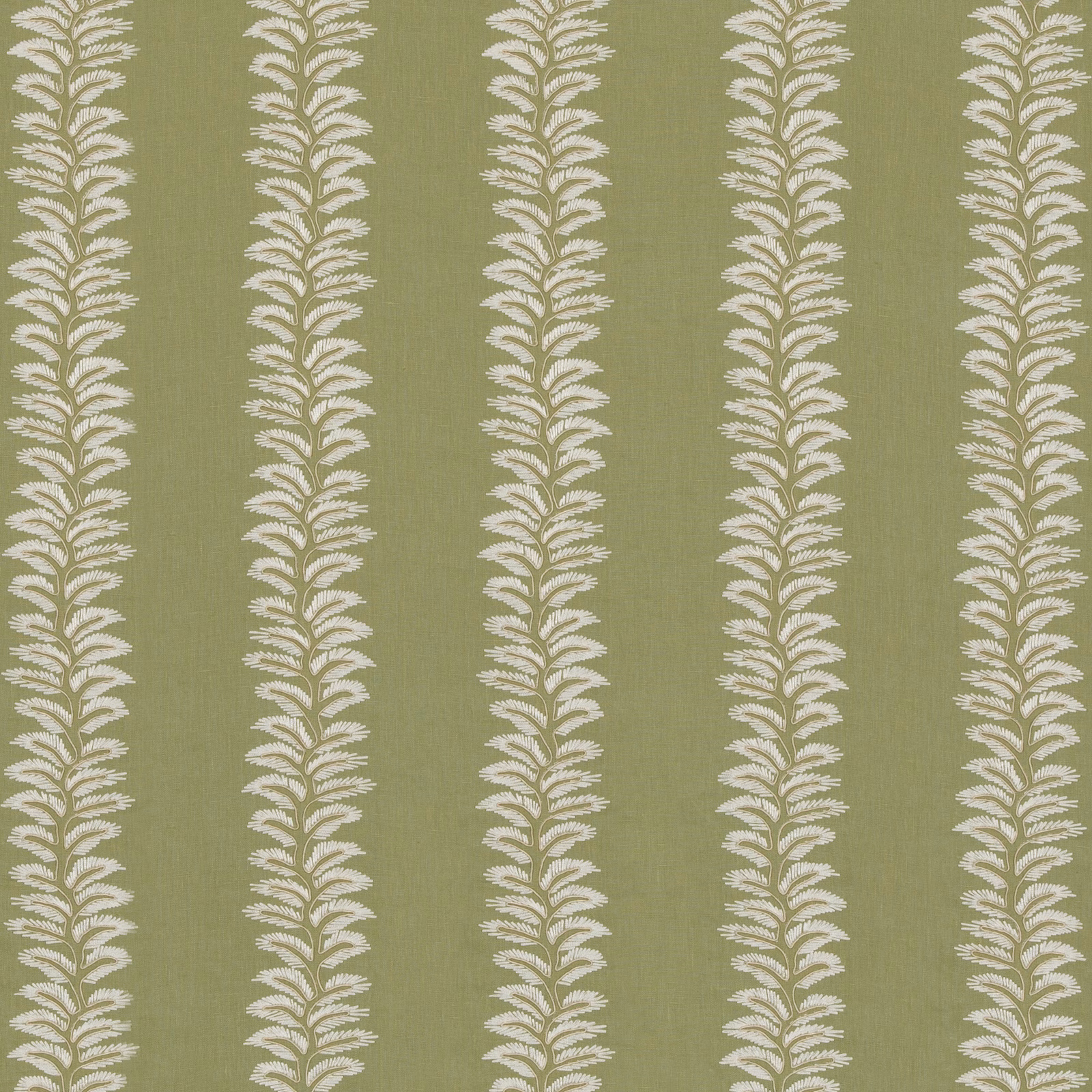 Moss-green fabric with repeating pale ivory leafy vertical stripes and fine woven texture