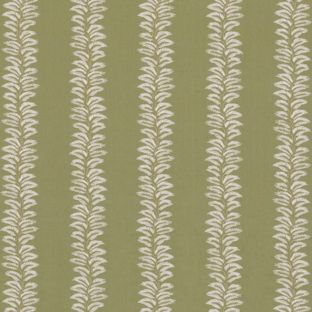Moss-green fabric with repeating pale ivory leafy vertical stripes and fine woven texture