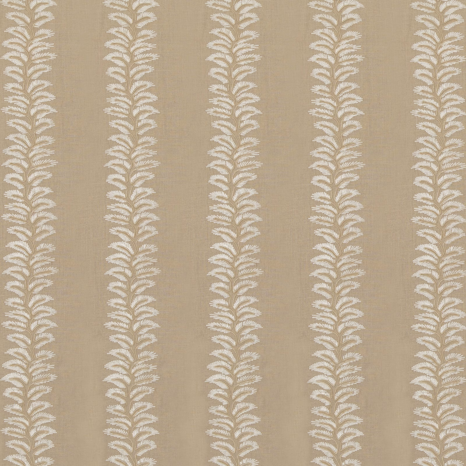 Warm taupe linen-look ground with repeating ivory leafy botanical stripes