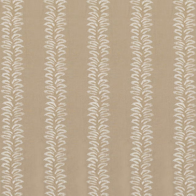 Warm taupe linen-look ground with repeating ivory leafy botanical stripes