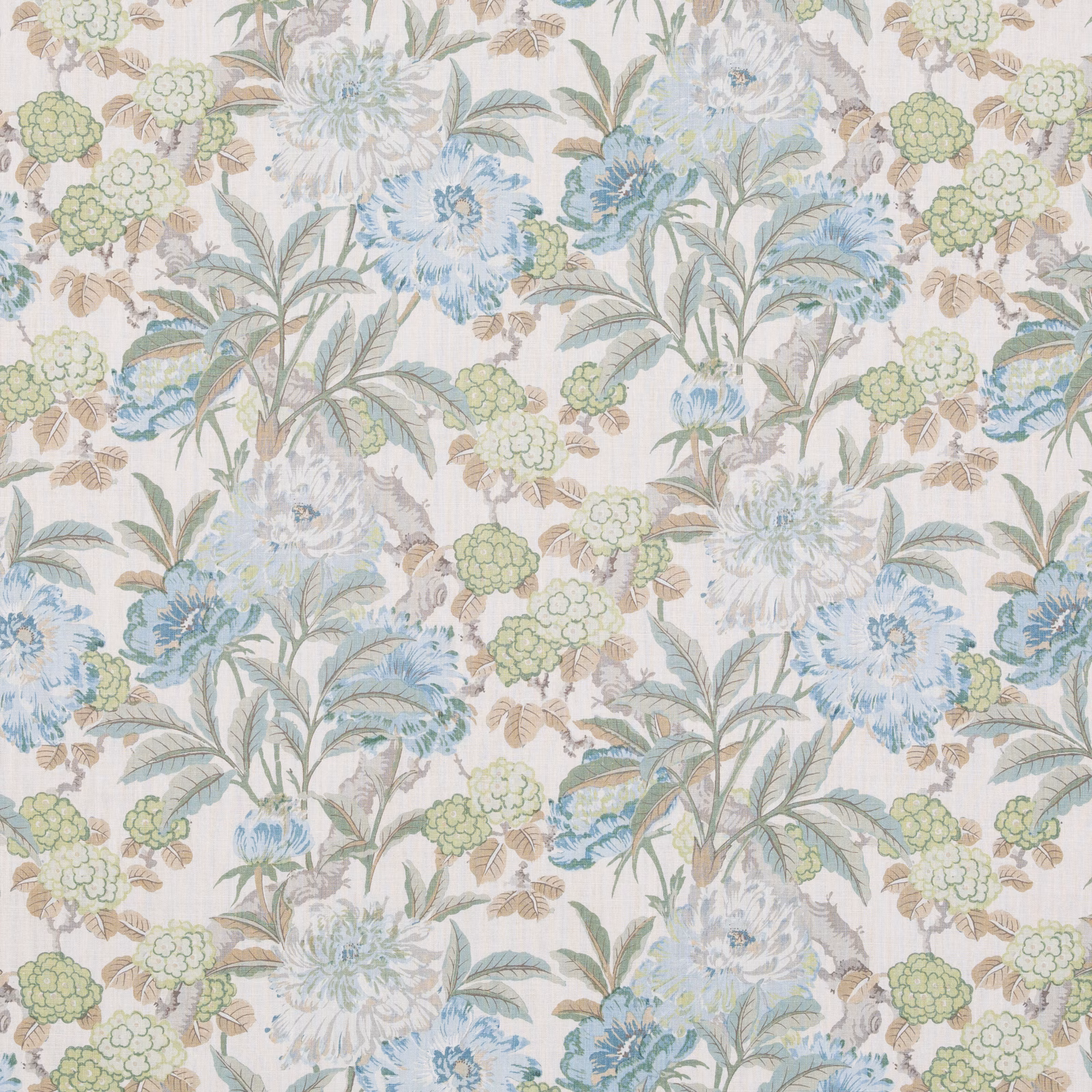 Aqua and pale blue peony floral on a softly textured cream linen ground