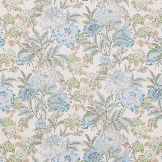 Aqua and pale blue peony floral on a softly textured cream linen ground