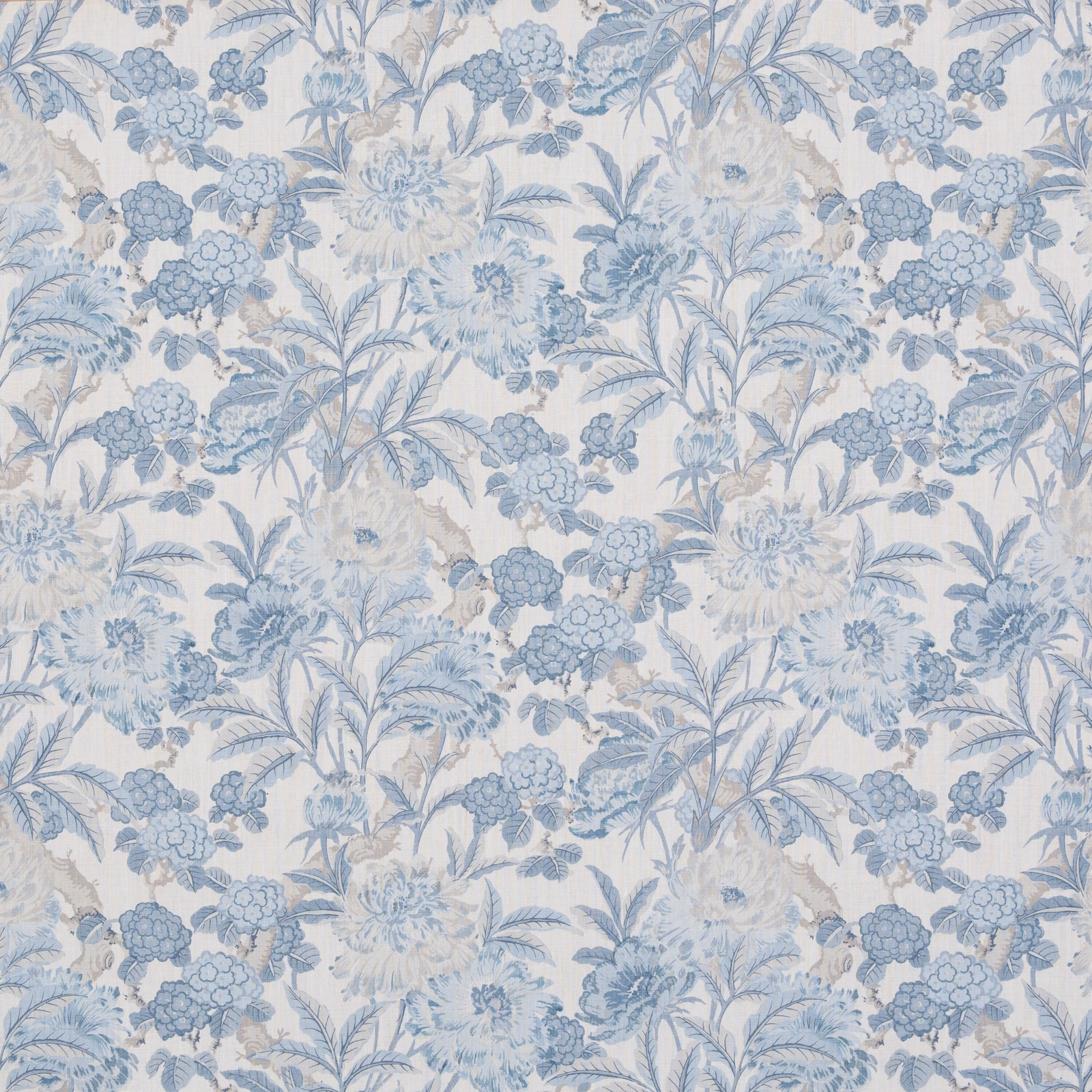 Powder-blue peonies and leafy stems across an ivory linen floral ground
