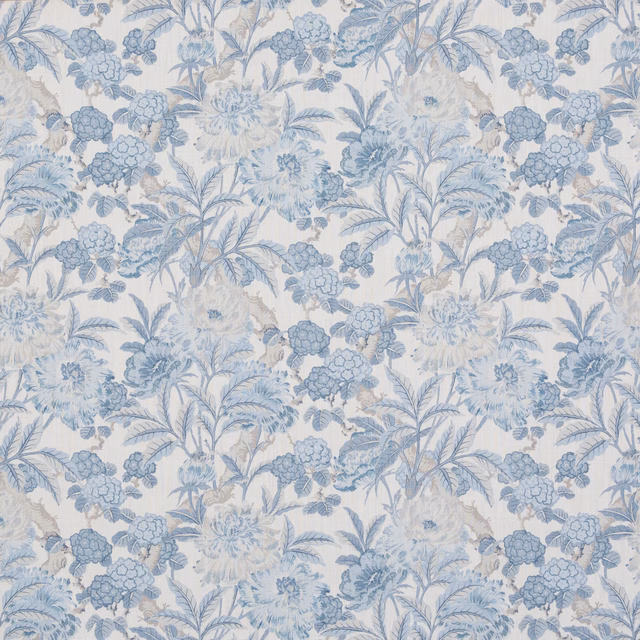 Powder-blue peonies and leafy stems across an ivory linen floral ground