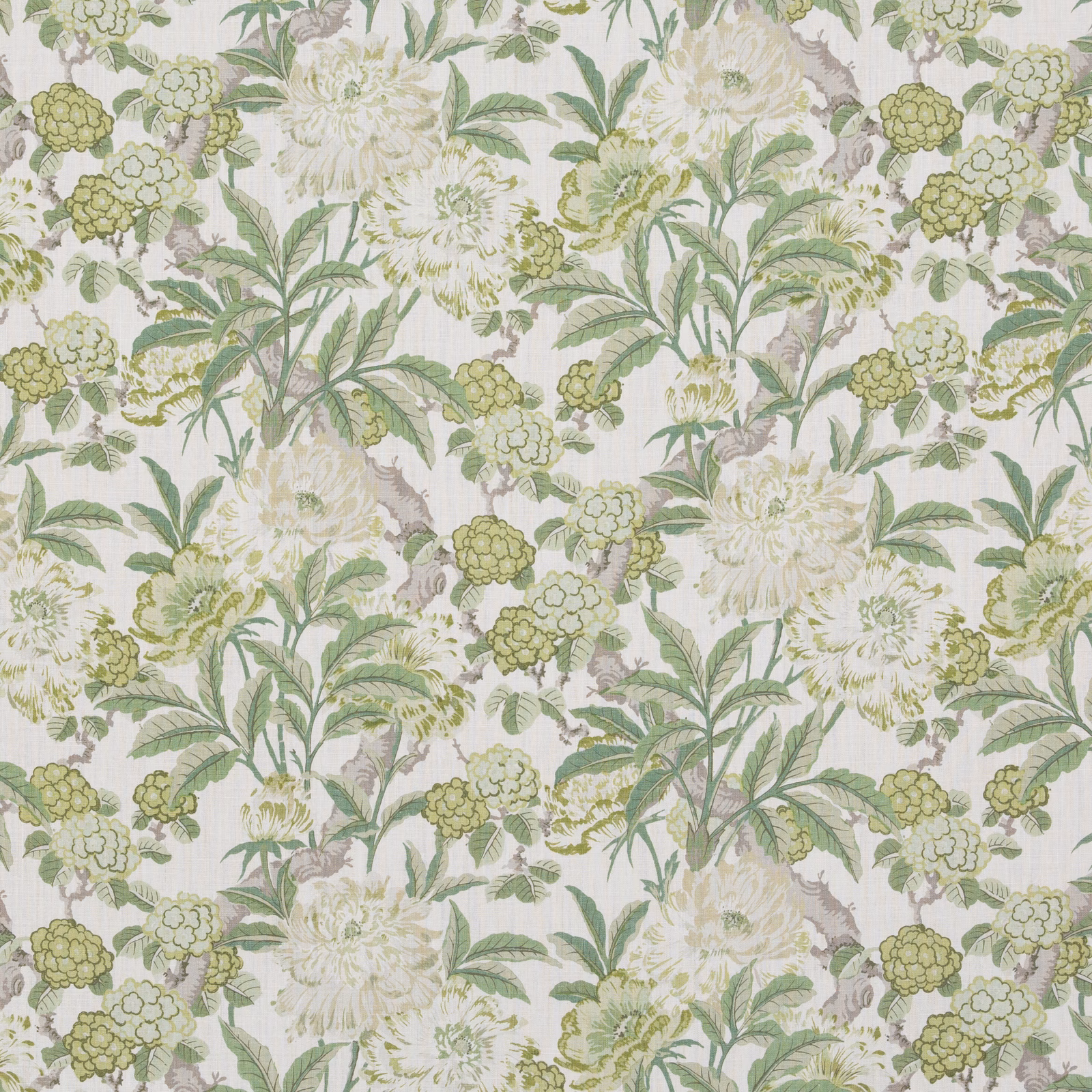 Ivory linen floral with sage foliage, olive flower clusters and cream blooms