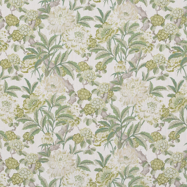 Ivory linen floral with sage foliage, olive flower clusters and cream blooms