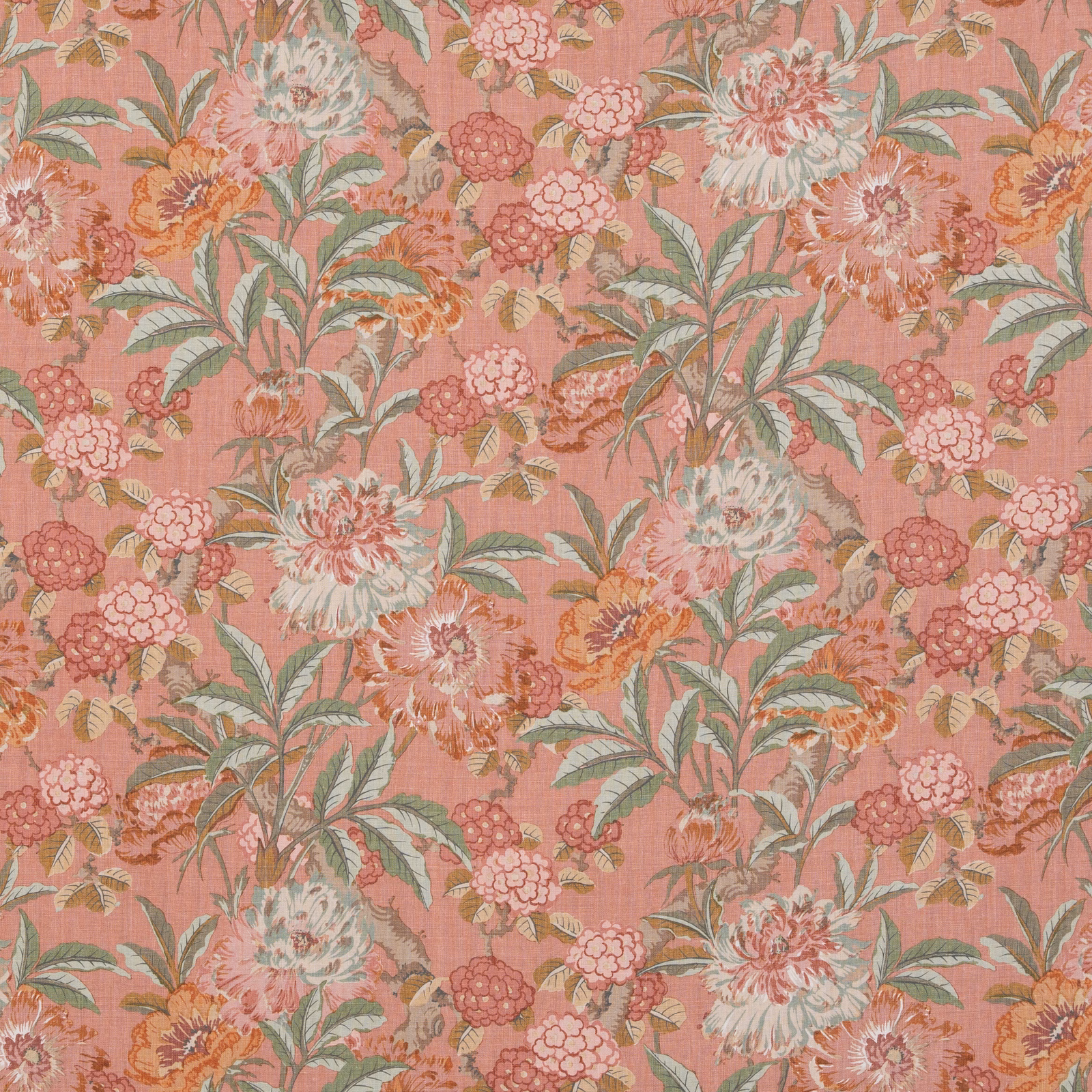Dusty coral linen with peonies, chrysanthemums, sage leaves and ochre accents