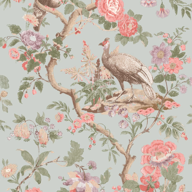 Pale aqua wallpaper with a perched bird, rose branches and pink flowers