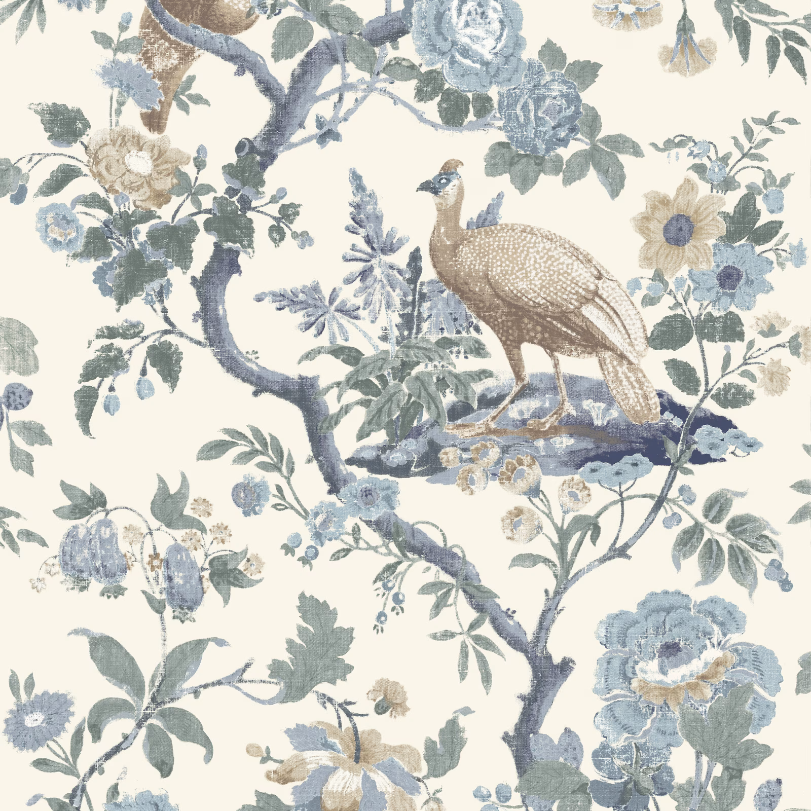 Muted blue-grey bird and roses on an ivory botanical wallpaper ground