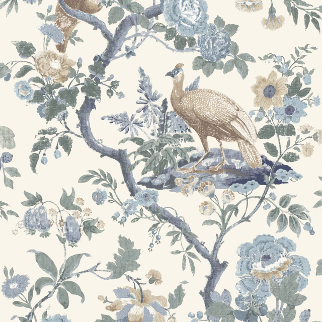 Muted blue-grey bird and roses on an ivory botanical wallpaper ground