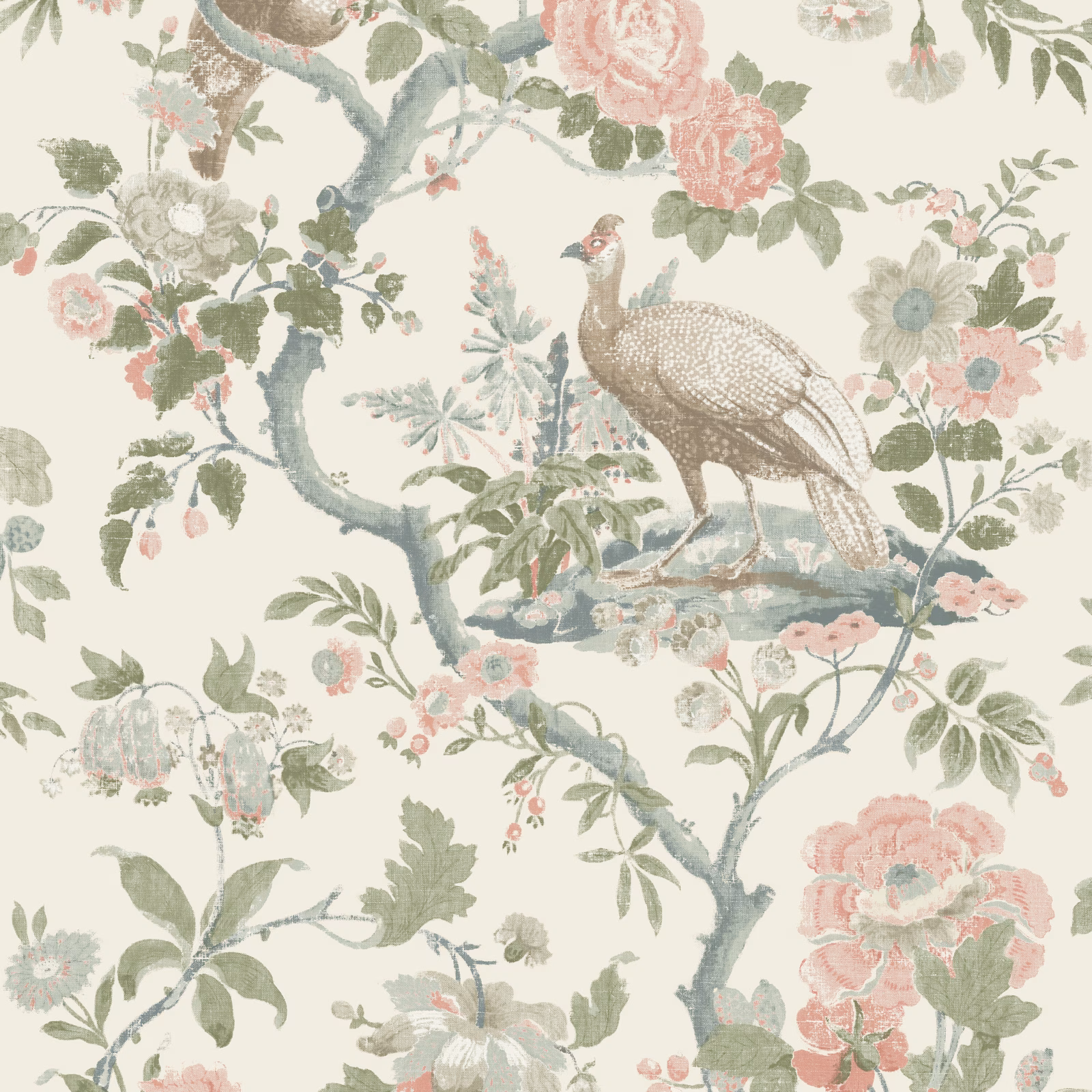 Cream wallpaper with blush roses, sage branches and a perched pheasant