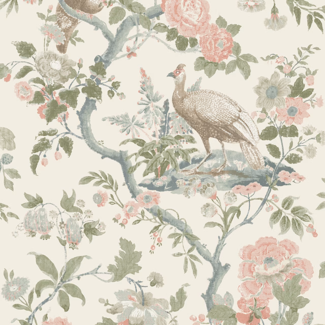 Cream wallpaper with blush roses, sage branches and a perched pheasant